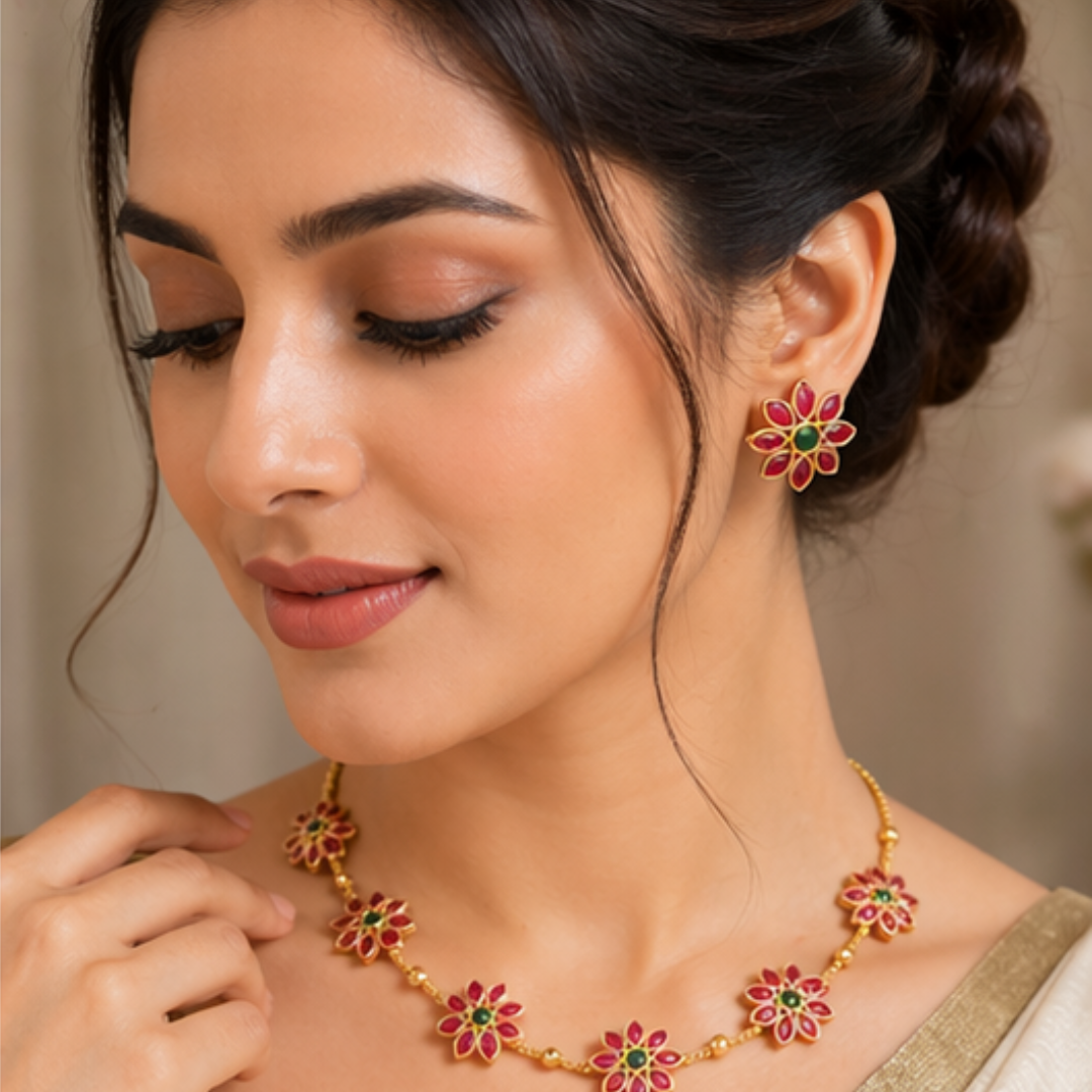 Elegant Floral Gold Plated Necklace & Earrings Set for Women