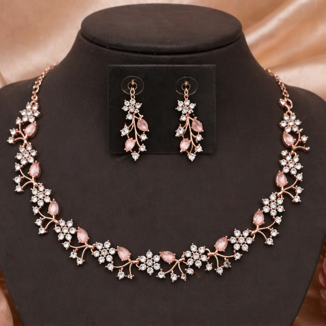 Rose Gold Plated Necklace set with Peach color Kundan Jewellery Sets