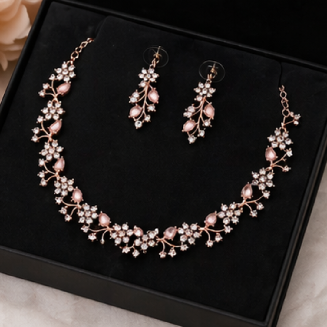 Rose Gold Plated Necklace set with Peach color Kundan Jewellery Sets