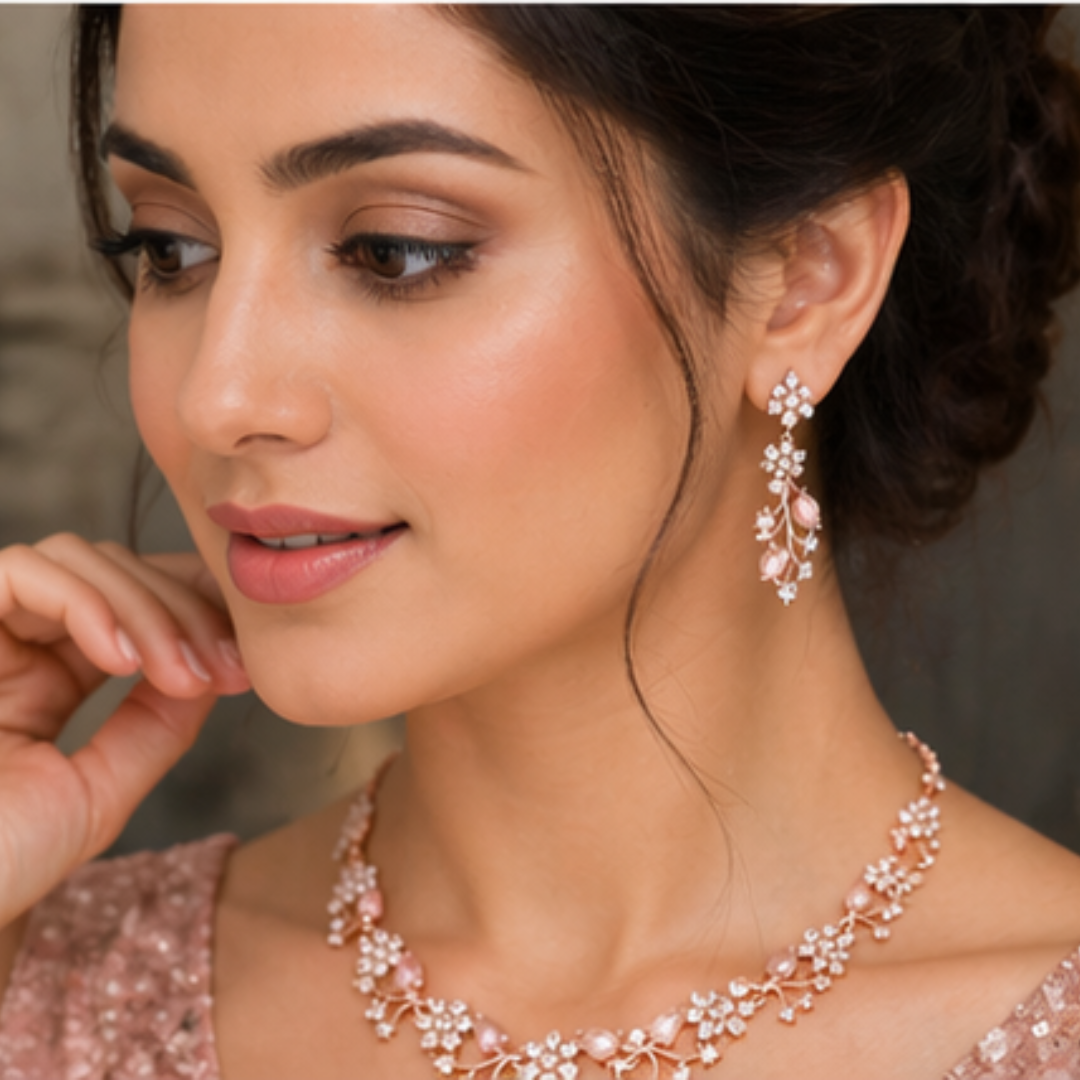 Rose Gold Plated Necklace set with Peach color Kundan Jewellery Sets