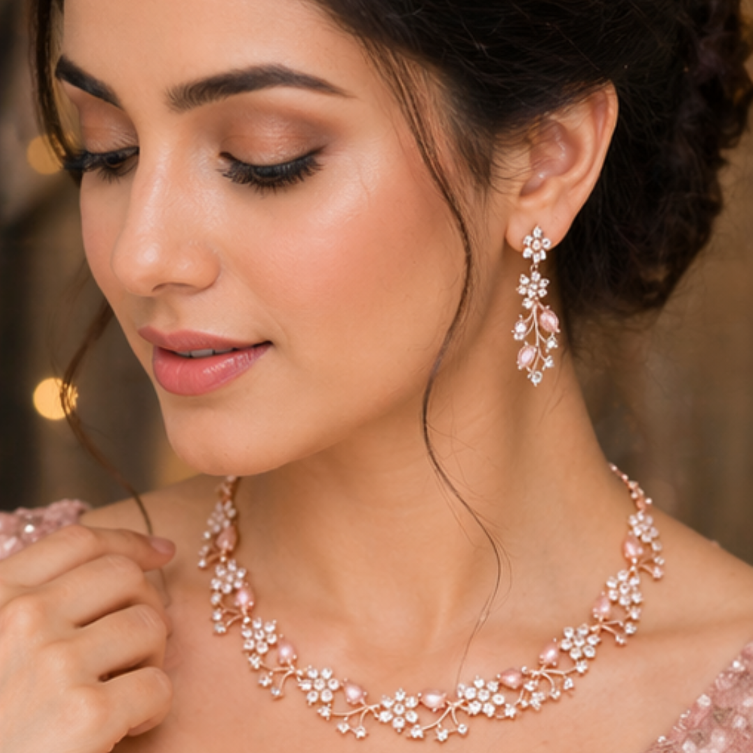 Rose Gold Plated Necklace set with Peach color Kundan Jewellery Sets