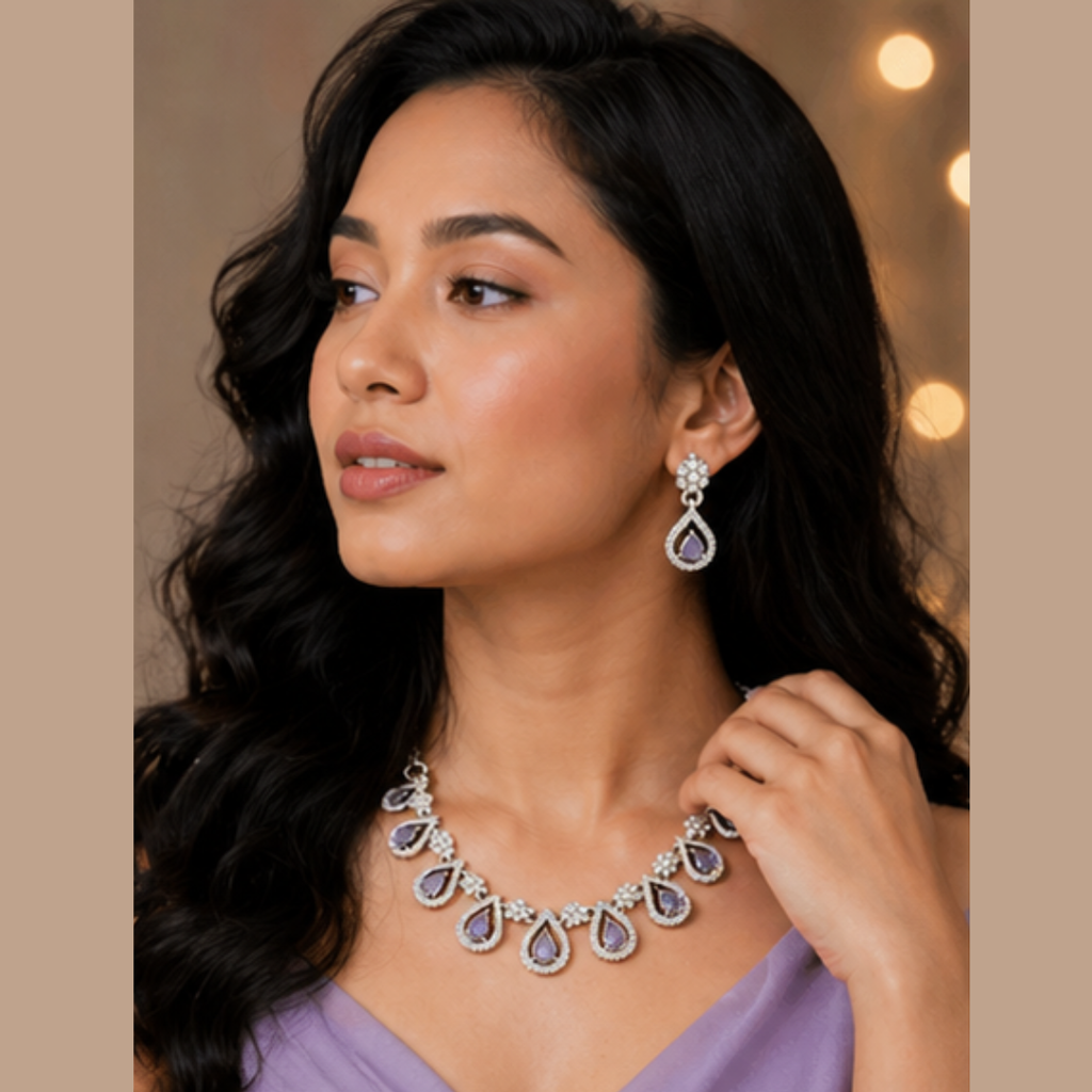 Elegant Silver Plated Teardrop Necklace Set with Purple Stones & Earrings