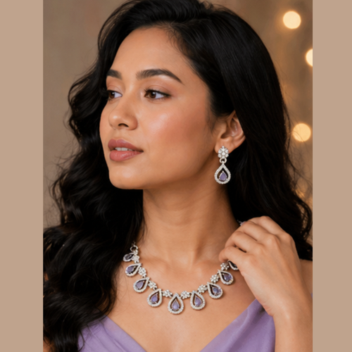 Elegant Silver Plated Teardrop Necklace Set with Purple Stones & Earrings