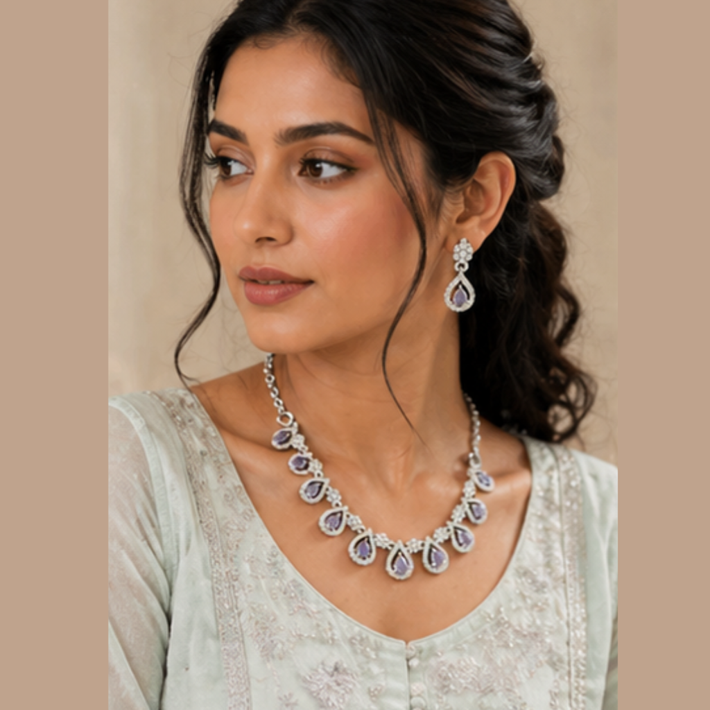 Elegant Silver Plated Teardrop Necklace Set with Purple Stones & Earrings