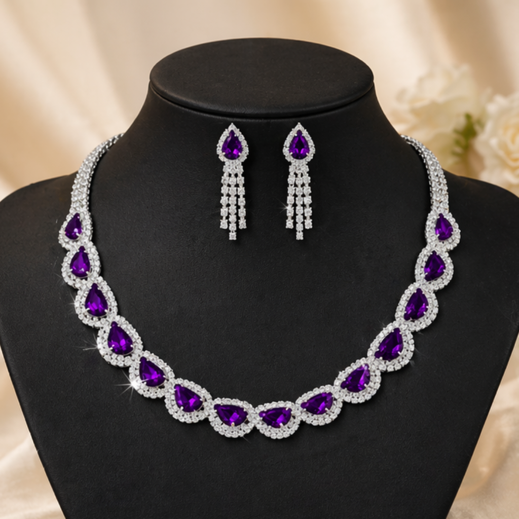 Elegant Teardrop Purple Stone Necklace Set with Earrings