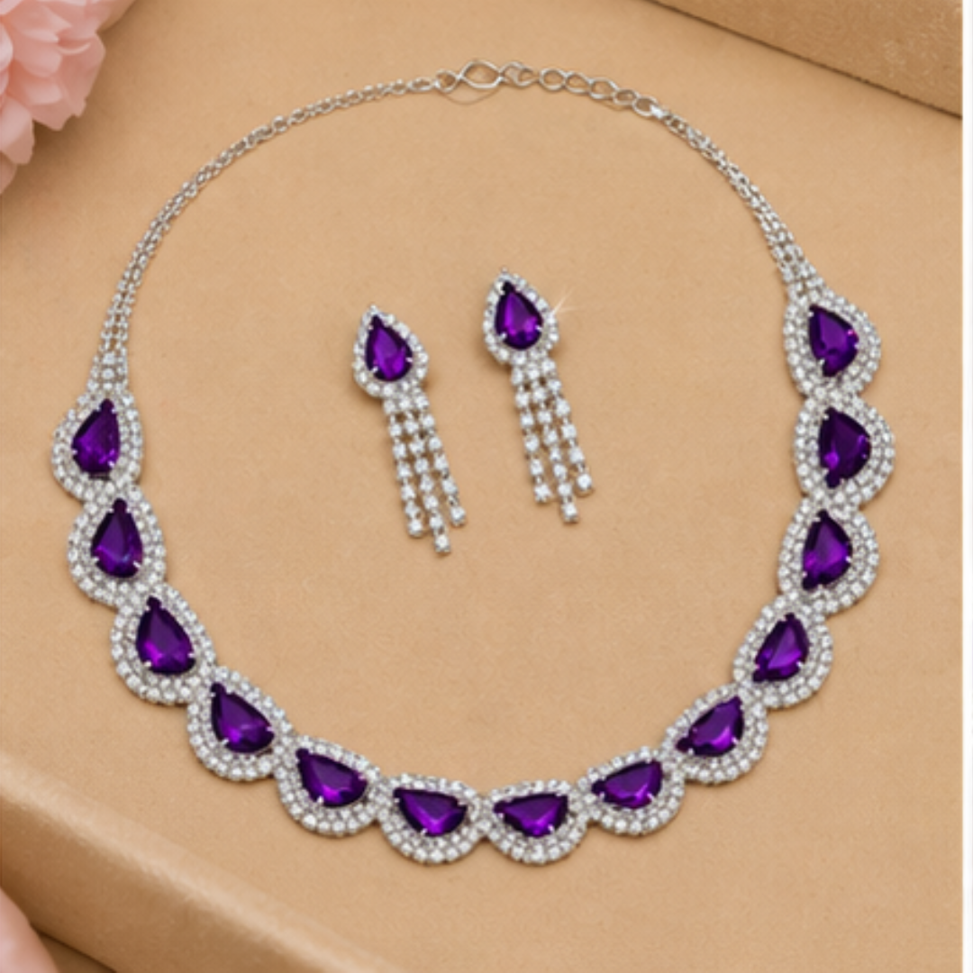 Elegant Teardrop Purple Stone Necklace Set with Earrings