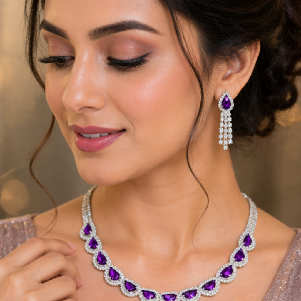Elegant Teardrop Purple Stone Necklace Set with Earrings