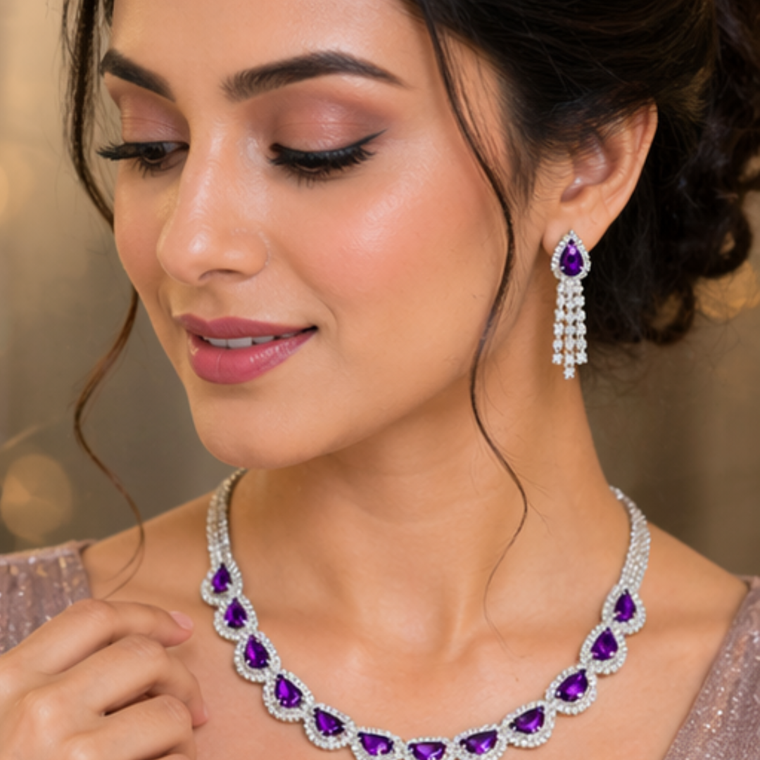 Elegant Teardrop Purple Stone Necklace Set with Earrings