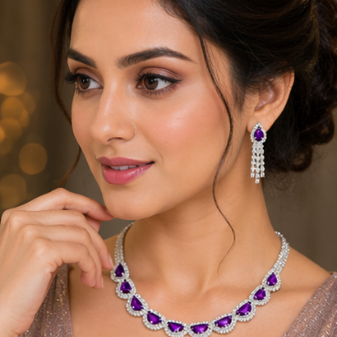 Elegant Teardrop Purple Stone Necklace Set with Earrings