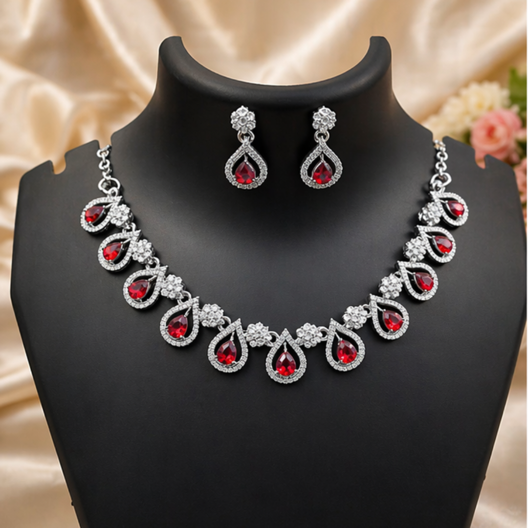 Royal Red Stone Necklace Set with Earrings | Bridal & Party Wear