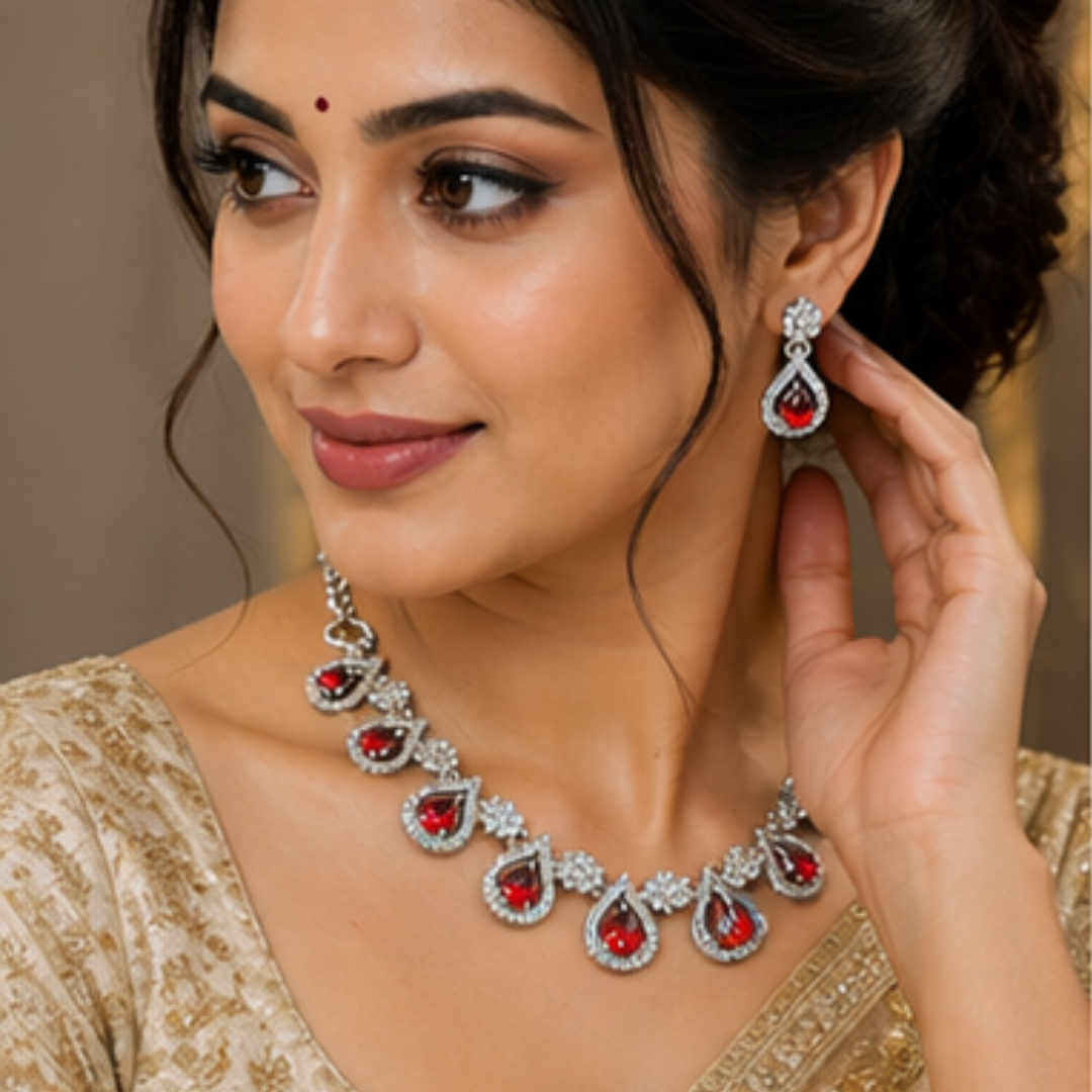 Royal Red Stone Necklace Set with Earrings | Bridal & Party Wear
