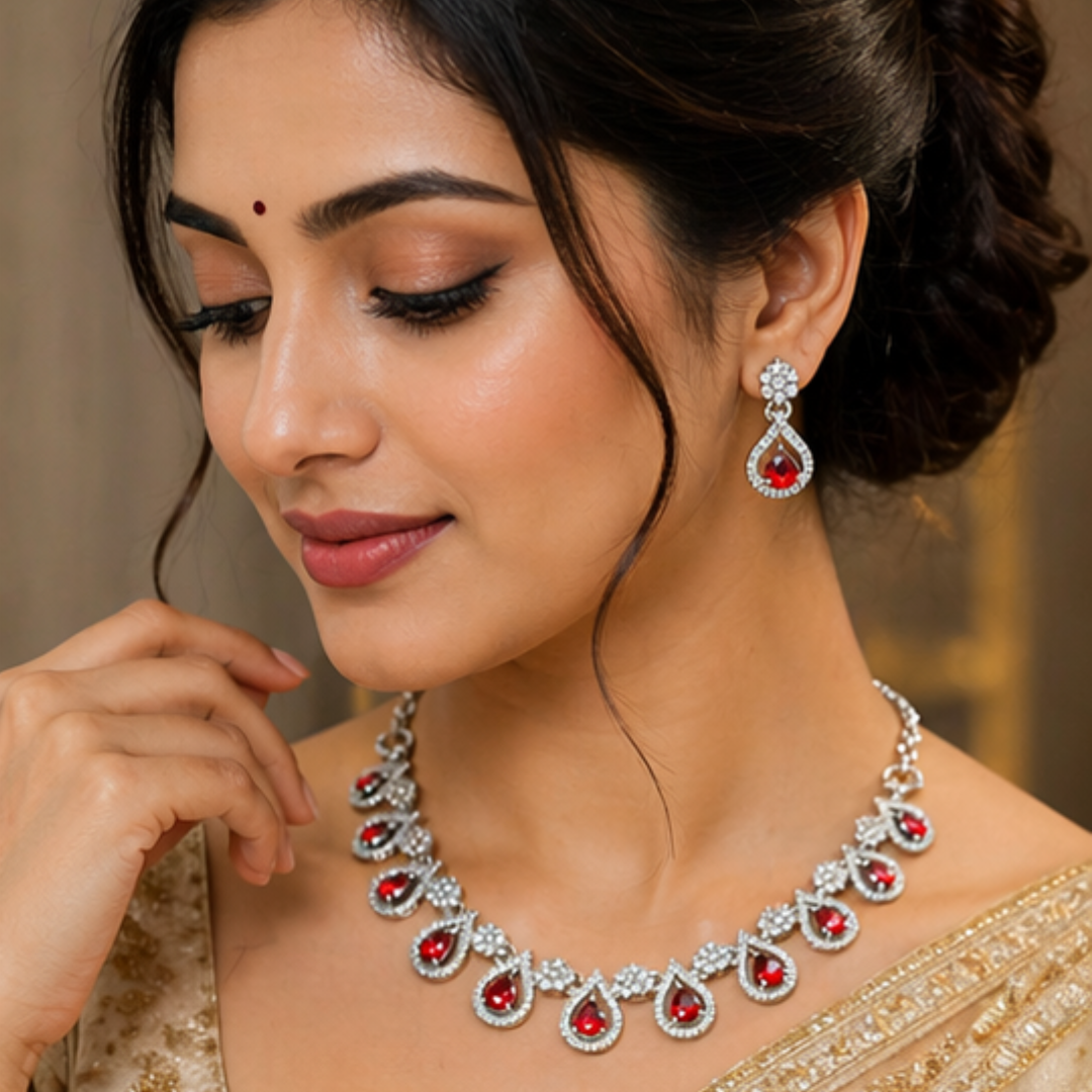 Royal Red Stone Necklace Set with Earrings | Bridal & Party Wear