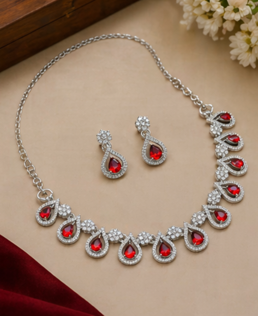 Royal Red Stone Necklace Set with Earrings | Bridal & Party Wear