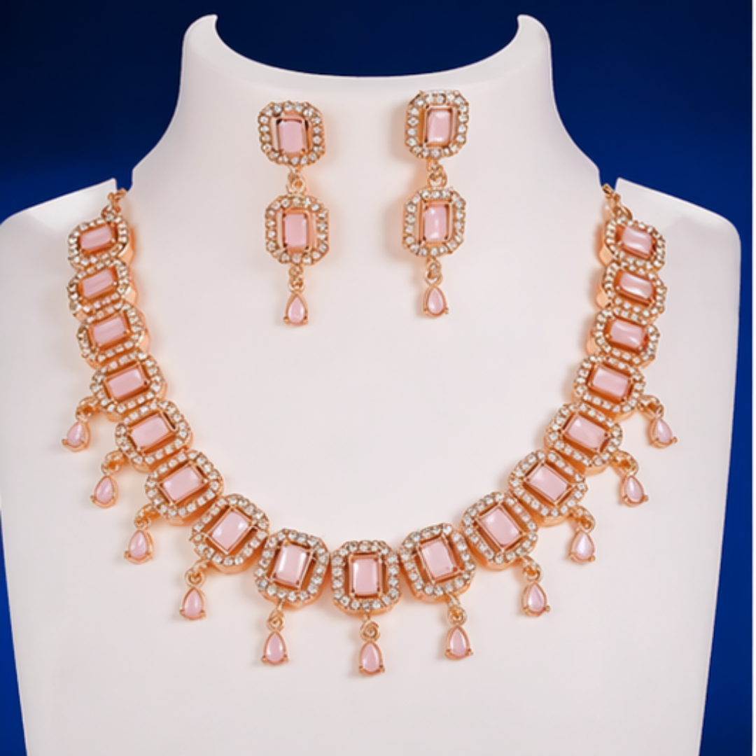 Elegant Peach Stone Gold Plated Necklace & Earrings Set for Women