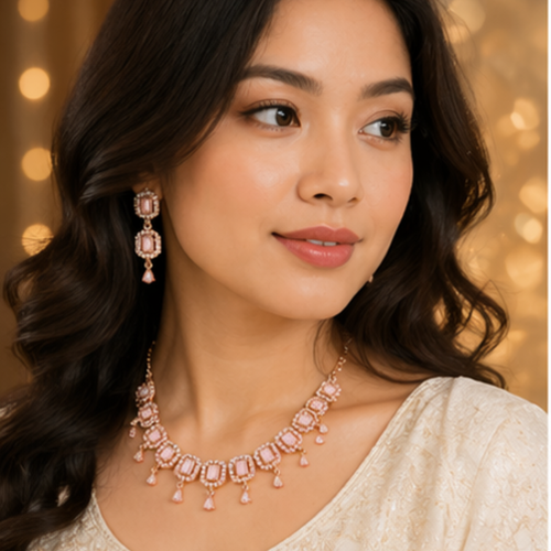 Elegant Peach Stone Gold Plated Necklace & Earrings Set for Women