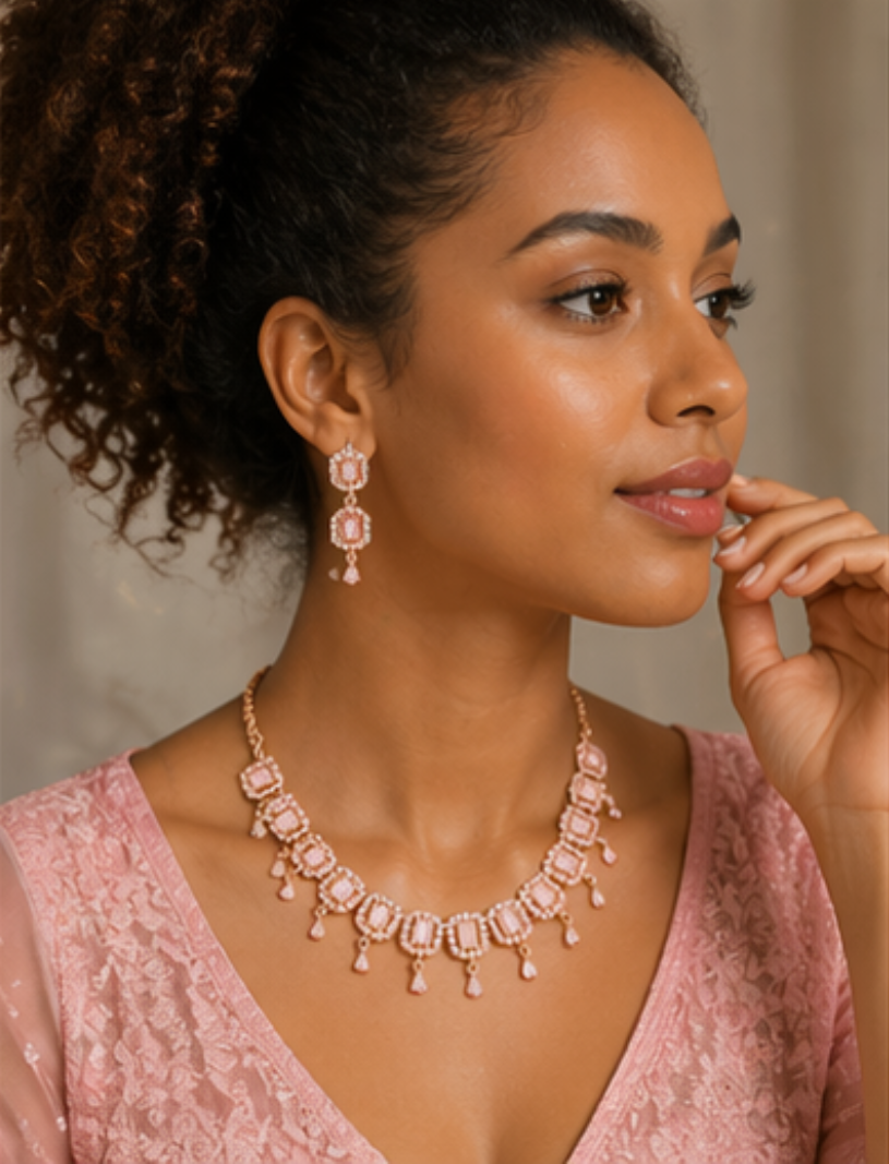 Elegant Peach Stone Gold Plated Necklace & Earrings Set for Women