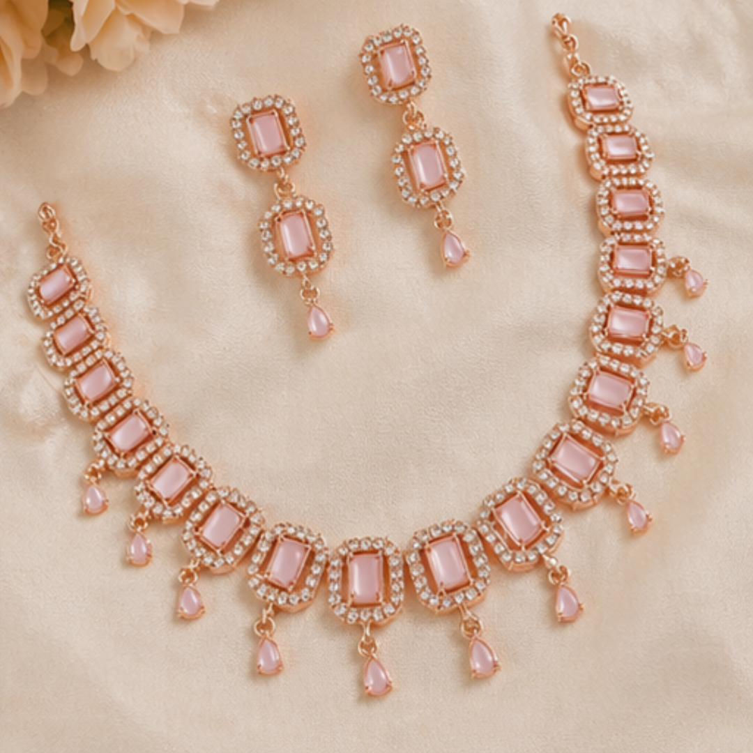 Elegant Peach Stone Gold Plated Necklace & Earrings Set for Women