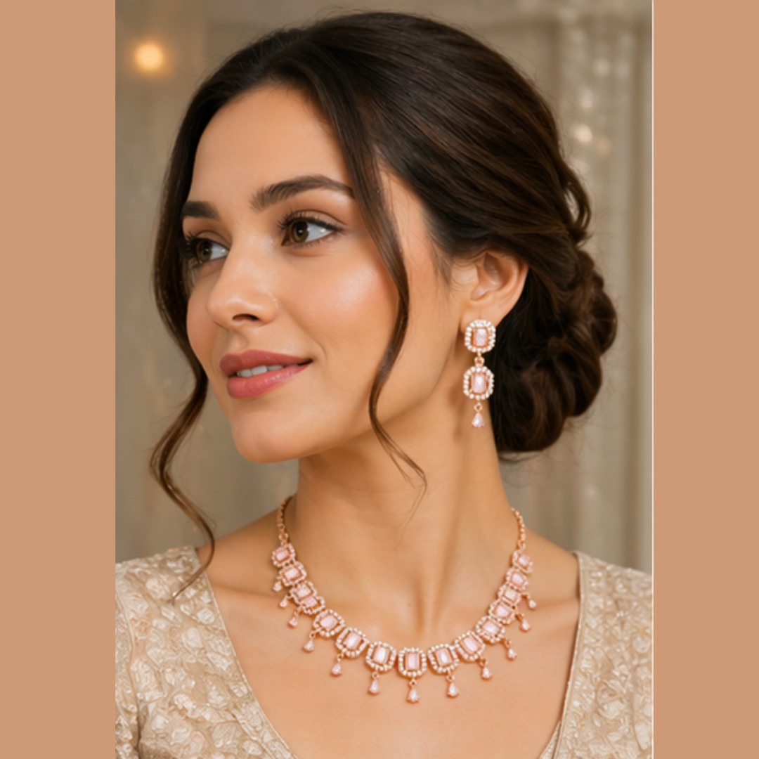 Elegant Peach Stone Gold Plated Necklace & Earrings Set for Women