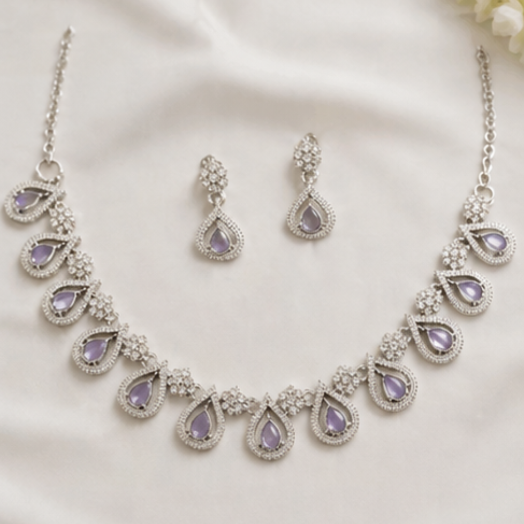 Elegant Silver Plated Teardrop Necklace Set with Purple Stones & Earrings