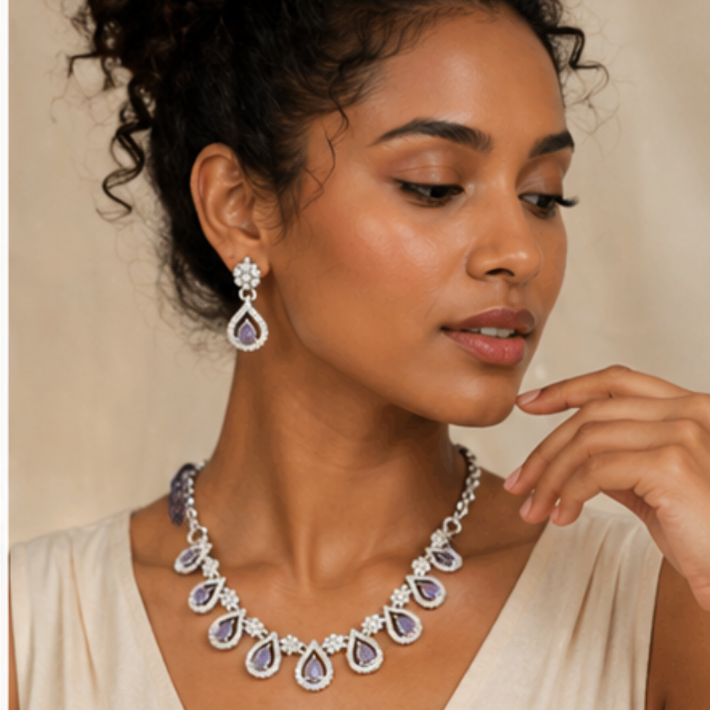 Elegant Silver Plated Teardrop Necklace Set with Purple Stones & Earrings