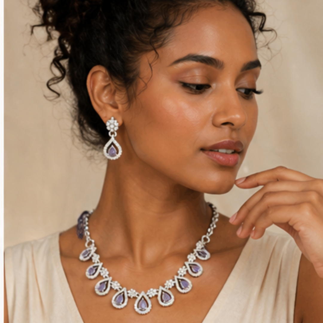 Elegant Silver Plated Teardrop Necklace Set with Purple Stones & Earrings