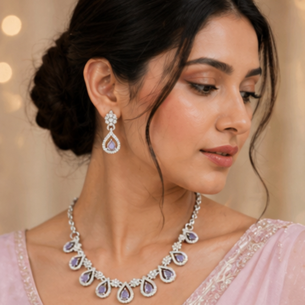 Elegant Silver Plated Teardrop Necklace Set with Purple Stones & Earrings