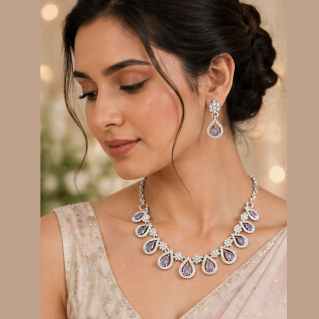 Elegant Silver Plated Teardrop Necklace Set with Purple Stones & Earrings