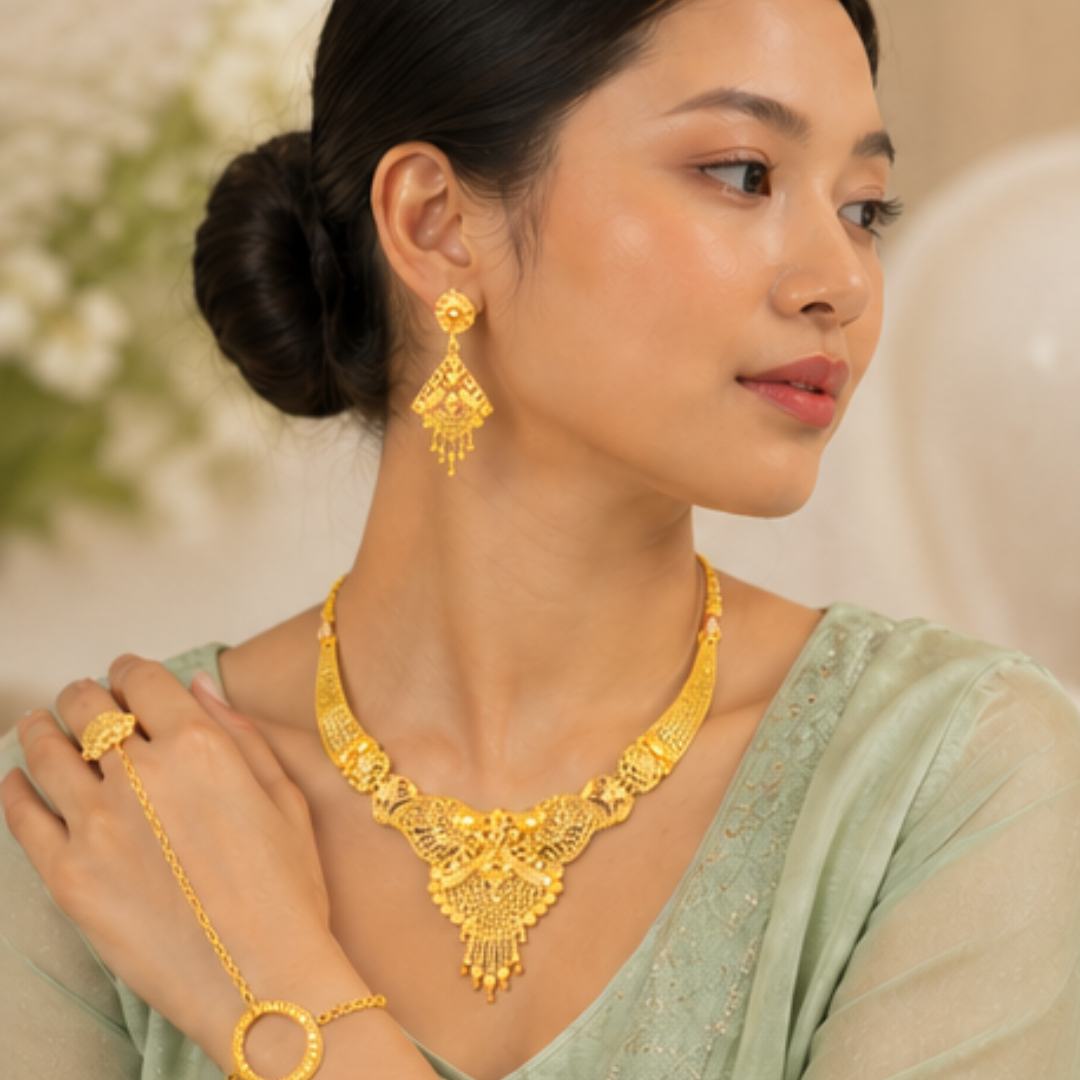 Royal Antique Gold Plated Bridal Necklace Set with Earrings & Maang Tikka