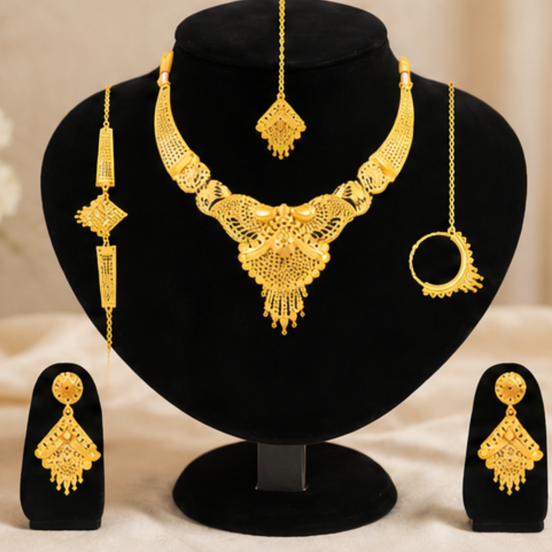 Royal Antique Gold Plated Bridal Necklace Set with Earrings & Maang Tikka