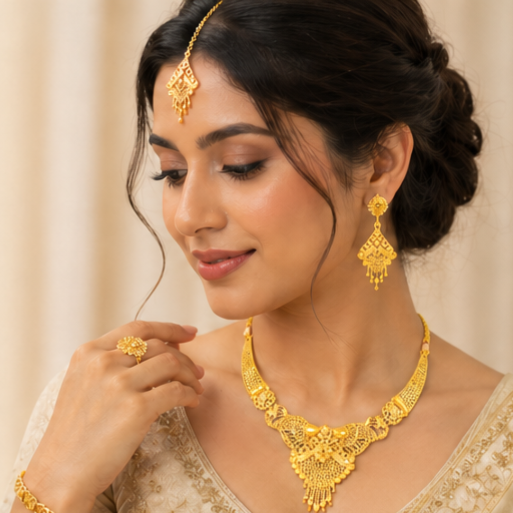 Royal Antique Gold Plated Bridal Necklace Set with Earrings & Maang Tikka