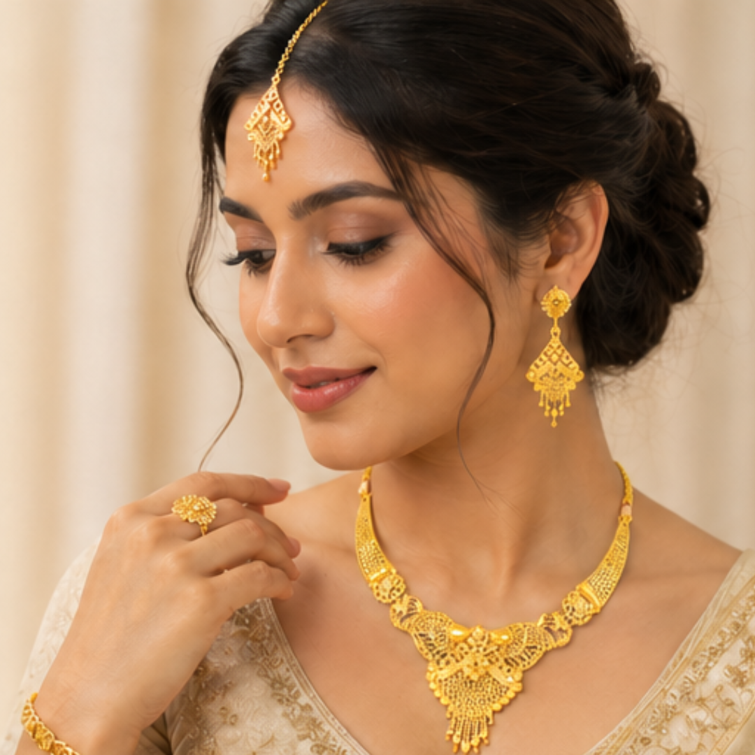 Royal Antique Gold Plated Bridal Necklace Set with Earrings & Maang Tikka