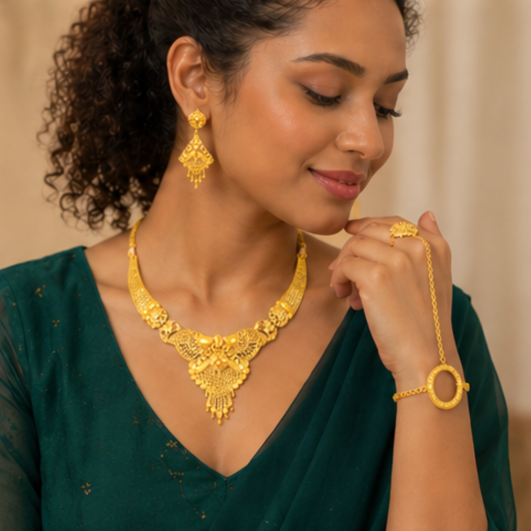 Royal Antique Gold Plated Bridal Necklace Set with Earrings & Maang Tikka
