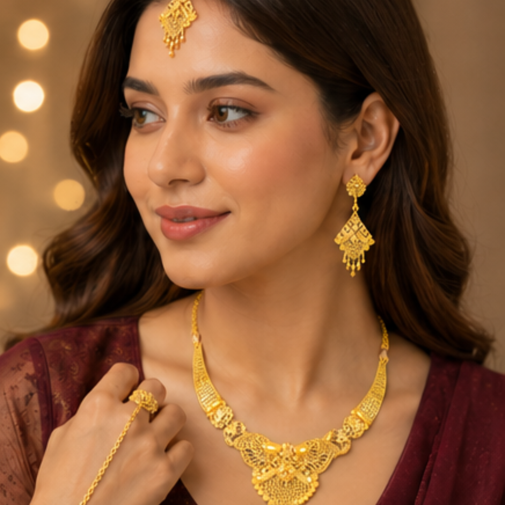 Royal Antique Gold Plated Bridal Necklace Set with Earrings & Maang Tikka