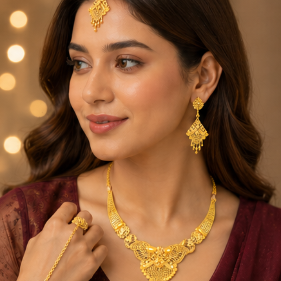 Royal Antique Gold Plated Bridal Necklace Set with Earrings & Maang Tikka
